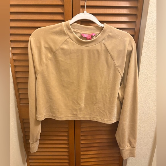 Lilly Pulitzer Zelek Crew Neck Velour Cropped Pullover Size Large Tan Beige - Picture 1 of 5